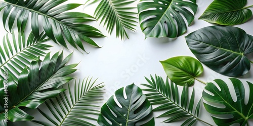 Lush Greenery Frame Vibrant Tropical Foliage Arranged in a Circular Pattern on a Light Background, Ideal for Design Projects, Invitations, or Decorations.