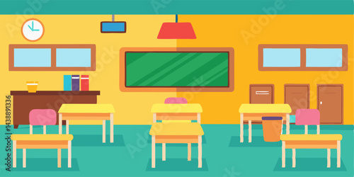 Cartoon Classroom Background with Desks Vector Illustration