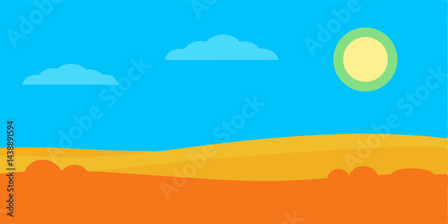 Flat Open Prairie Land Under Bright Noon Sun Vector Illustration