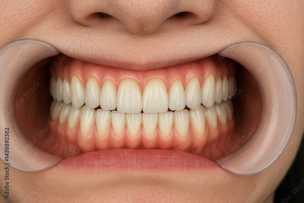 Fototapeta premium Close-up of perfect white teeth showing dental veneers treatment
