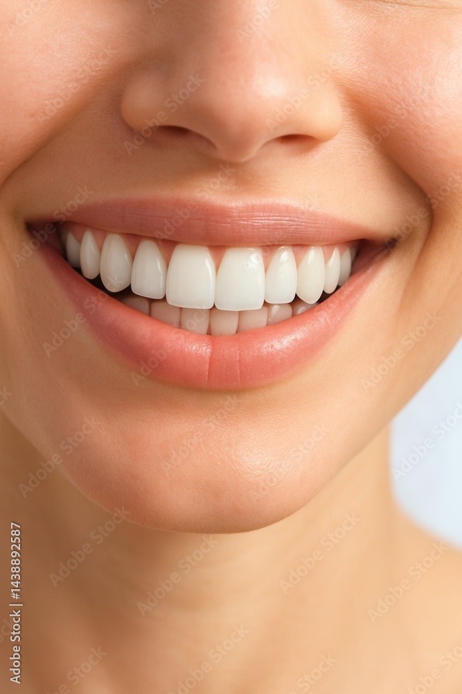 Obraz premium Woman smiling showing perfect white teeth: dental health and hygiene concept