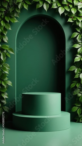 Artificial intelligence Monochromatic Green Scene with Product Stand and Exotic Plants
