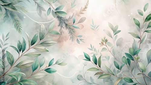 Serene Botanical Illustration Delicate Watercolor Leaves and Branches on a Soft Pastel Background