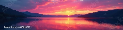 Serene lake sunset, vibrant colors reflected in calm water, gold, quiet
