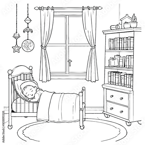 Dreamy Nursery with Mobiles, Storybooks, and Sleeping Baby Coloring Page