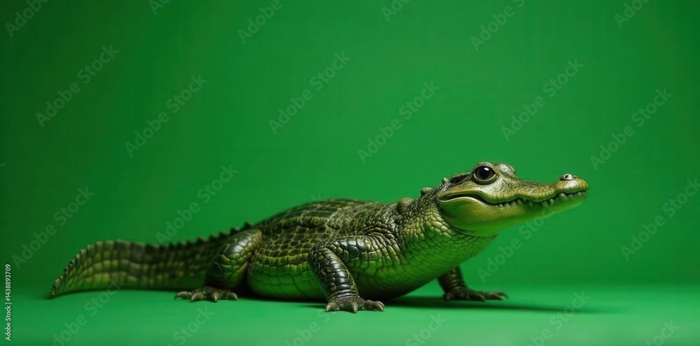 Fototapeta premium Sophisticated croc consultant, green backdrop, reptile, advice