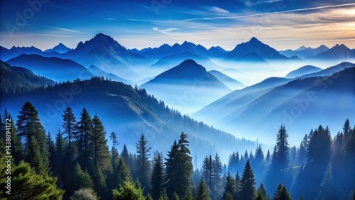 Serene Panorama of Misty Mountains and Evergreen Forest Under a Clear Sky