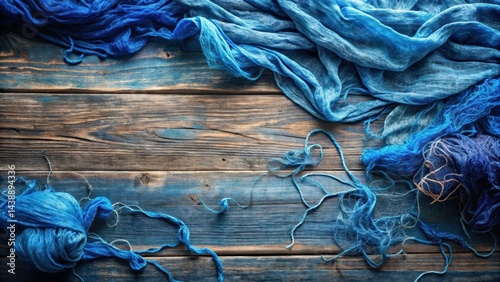 Blue Fabric and Yarn on Rustic Wooden Surface A Textured Background Image