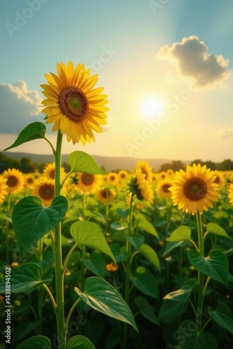 Tall sunflowers facing the sun in a green field, green, sun