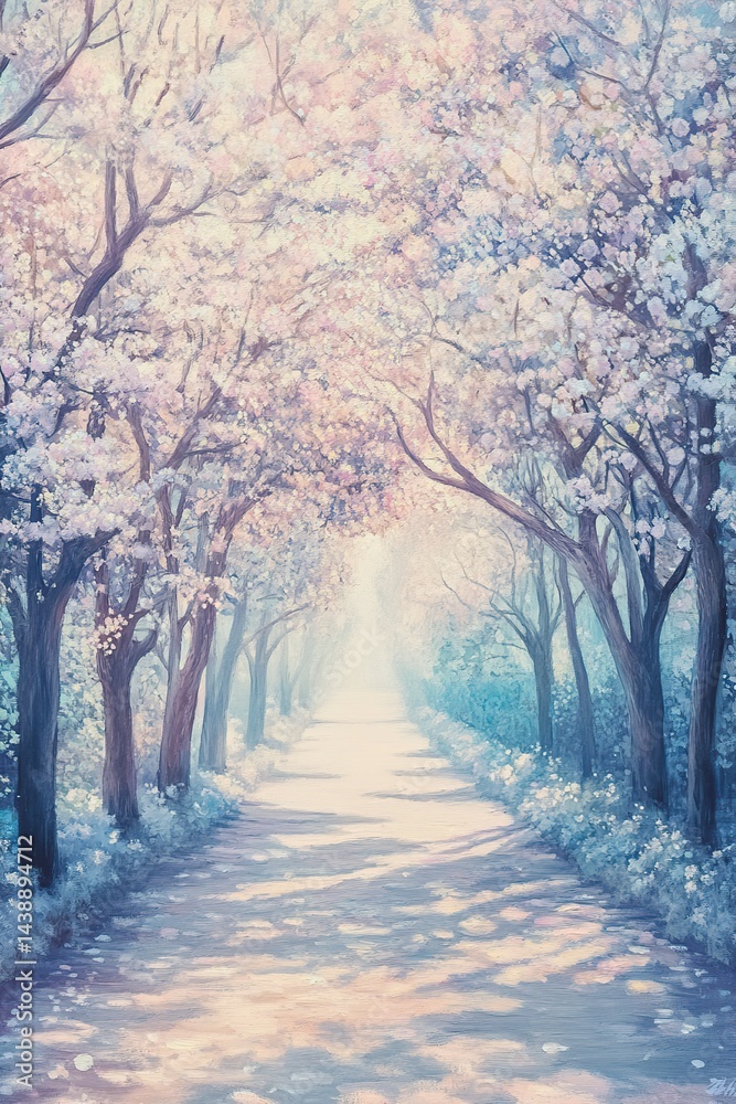 Pastel-toned pathway through a blossoming tree tunnel. Soft light filters through the pastel pink and white flowers, casting gentle shadows on the path. A serene and dreamy vista Pastel-toned pathway through a blossoming tree tunnel. Soft light filters through the pastel pink and white flowers, casting gentle shadows on the path. A serene and dreamy vista