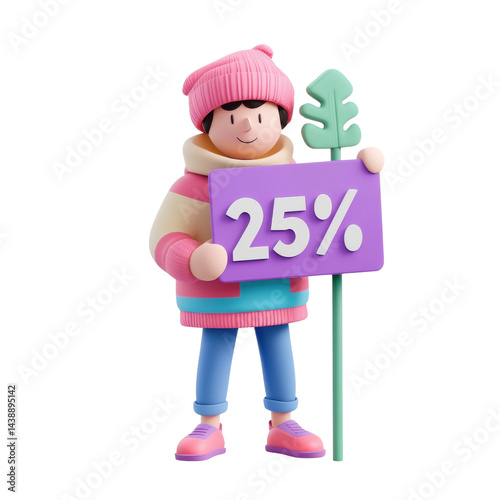 Character Holding a '25%' Signboard – Trendy 3D Illustration, UI Friendly, Isolated on Transparent Background