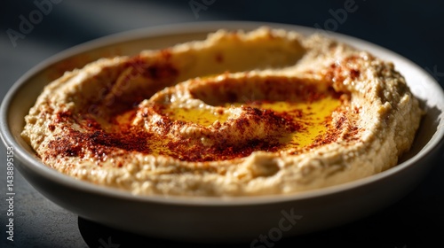 A bowl of freshly made hummus with a drizzle of olive oil and sprinkled paprika