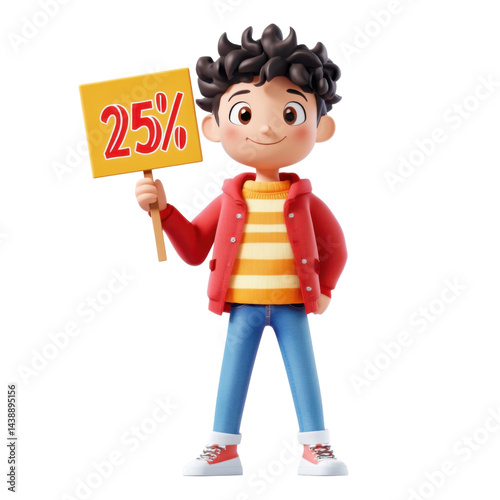 Character Holding a '25%' Signboard – Trendy 3D Illustration, UI Friendly, Isolated on Transparent Background