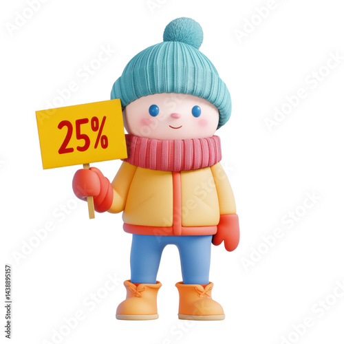 Character Holding a '25%' Signboard – Trendy 3D Illustration, UI Friendly, Isolated on Transparent Background