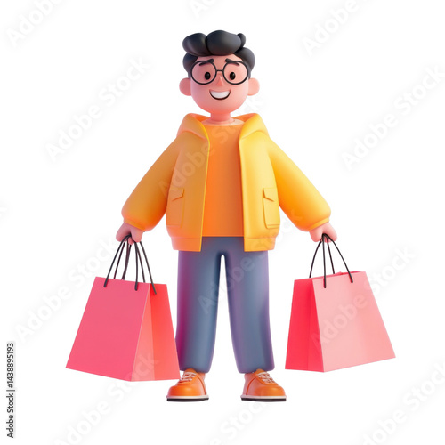 A character standing with shopping bags, looking excited after a big sale, trendy 3D illustration, UI friendly, isolated scene on a transparent background