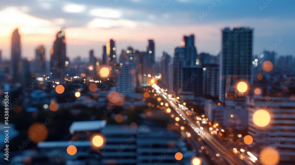 Fototapeta premium Blurry cityscape at sunset with glowing lights