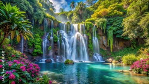 Serene Waterfall Cascading into a Lush Tropical Paradise, Surrounded by Vibrant Blooms and Towering Trees