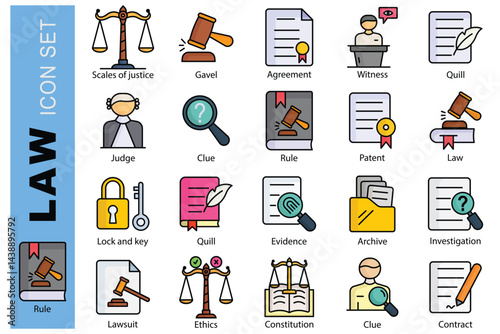 Law icon set. colored outline icon style. containing icon scales of justice, witness, constitution and more. Law and justice element vector illustration