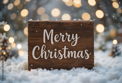 Rustic Merry Christmas Wooden Sign in Snowy Winter Wonderland

