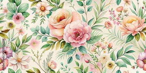 Elegant Watercolor Floral Pattern A Delicate Arrangement of Roses, Blossoms, and Lush Greenery on a Soft Background