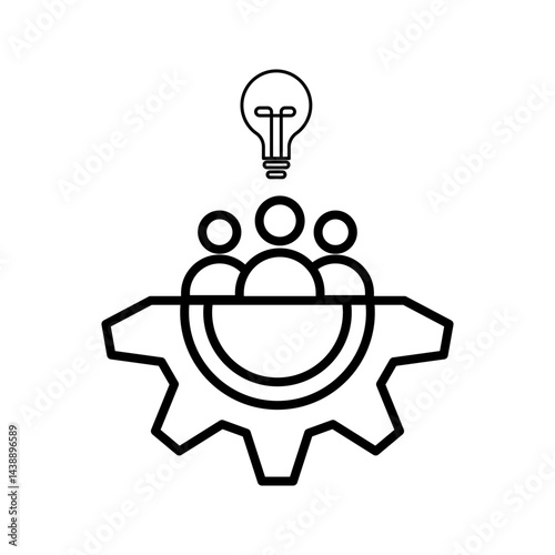 thin line insight icon with group of people and black bulb. outline flat trend modern logo graphic stroke art design isolated on white. concept of scholars or scientists and students or genius