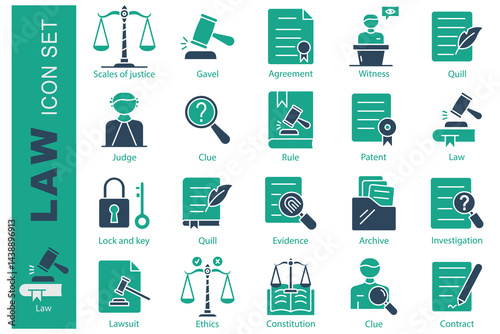 Law icon set. solid icon style. containing icon scales of justice, witness, constitution and more. Law and justice element vector illustration