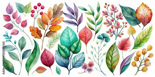 Vibrant Watercolor Collection of Diverse Foliage and Floral Elements, Ideal for Artistic Design Projects and Creative Endeavors