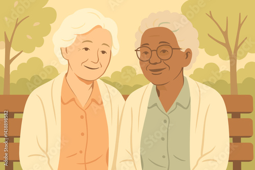Elderly women smiling together on a park bench surrounded by trees  
