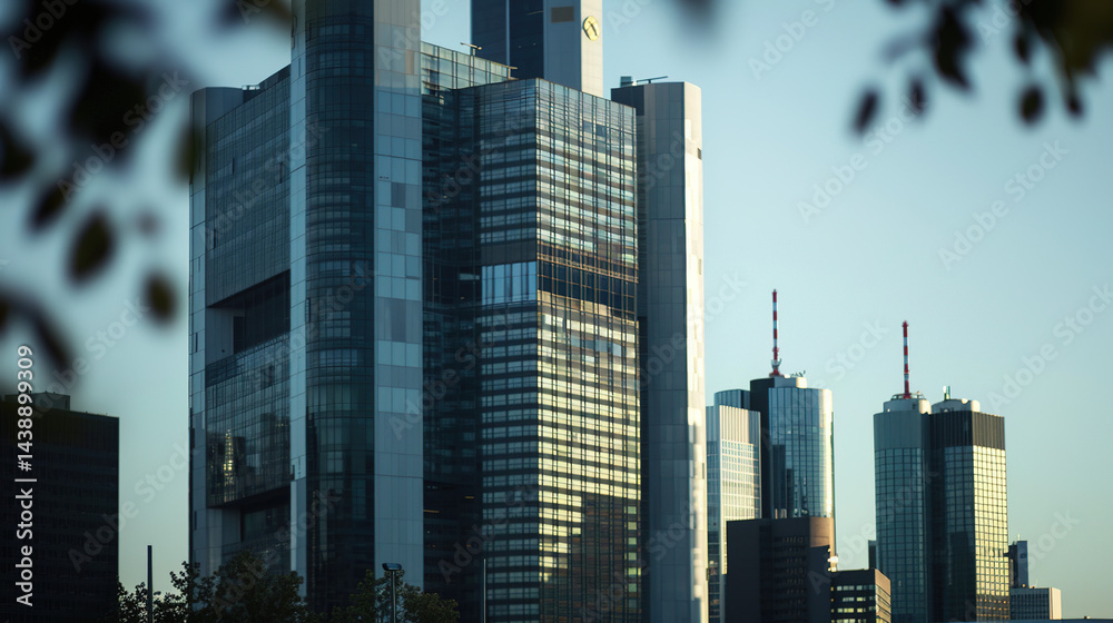 Obraz premium Modern central bank building with glass facade reflecting blue sky in financial district. Contemporary architecture, banking industry, economic power and financial stability concepts.