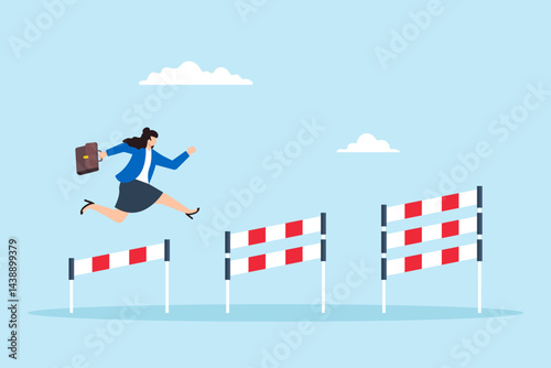 Flat illustration of businesswoman confidently jumping over hurdles to overcome career challenges and achieve success