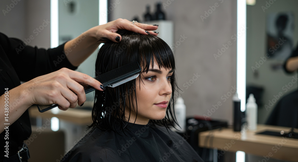 Fototapeta premium Haircut Transformation: Fresh Bob & Bangs at the Salon - Style & Beauty Perfection!