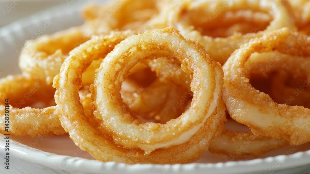 Pile of appetizing deep fried onion rings on a white plate with crisp golden breading, fast food restaurant menu close up Pile of appetizing deep fried onion rings on a white plate with crisp golden breading, fast food restaurant menu close up