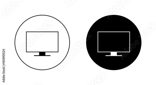 Computer monitor icon on black circle. Pc screen, display sign symbol