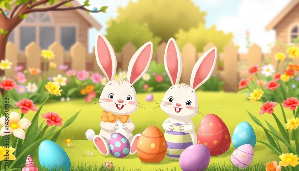 Obraz premium Two Adorable Easter Bunnies Enjoying Springtime in a Colorful Garden with Easter Eggs