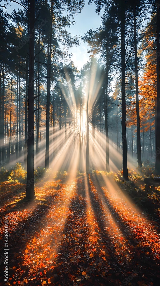 Fototapeta premium Sunbeams through tall trees, autumn leaves on forest floor, golden light