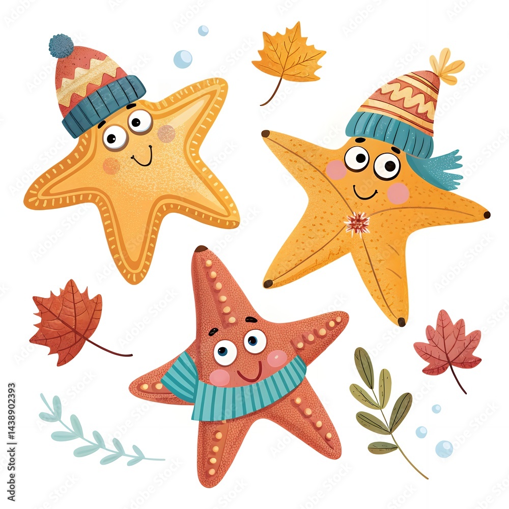 Fototapeta premium Cute Starfish Autumn Friends Fall Leaves Hats Scarves