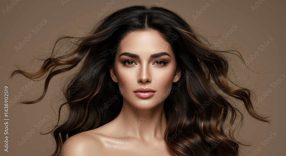 Stunning Brunette: Long Wavy Hair, Perfect Makeup, Glowing Skin. Beauty Portrait. Stunning Brunette: Long Wavy Hair, Perfect Makeup, Glowing Skin. Beauty Portrait.