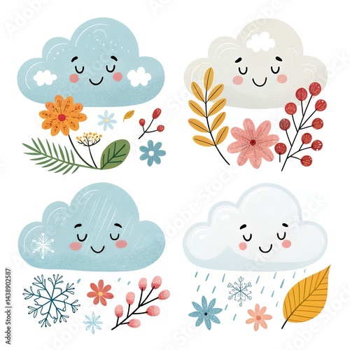 Cute Cartoon Clouds Seasonal Flowers Rain Snow Spring Summer Autumn Winter Illustration