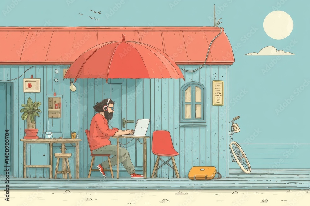 Fototapeta premium Remote bearded worker types on laptop at beach shack under sunshade during summer, utilizing outdoor office workspace