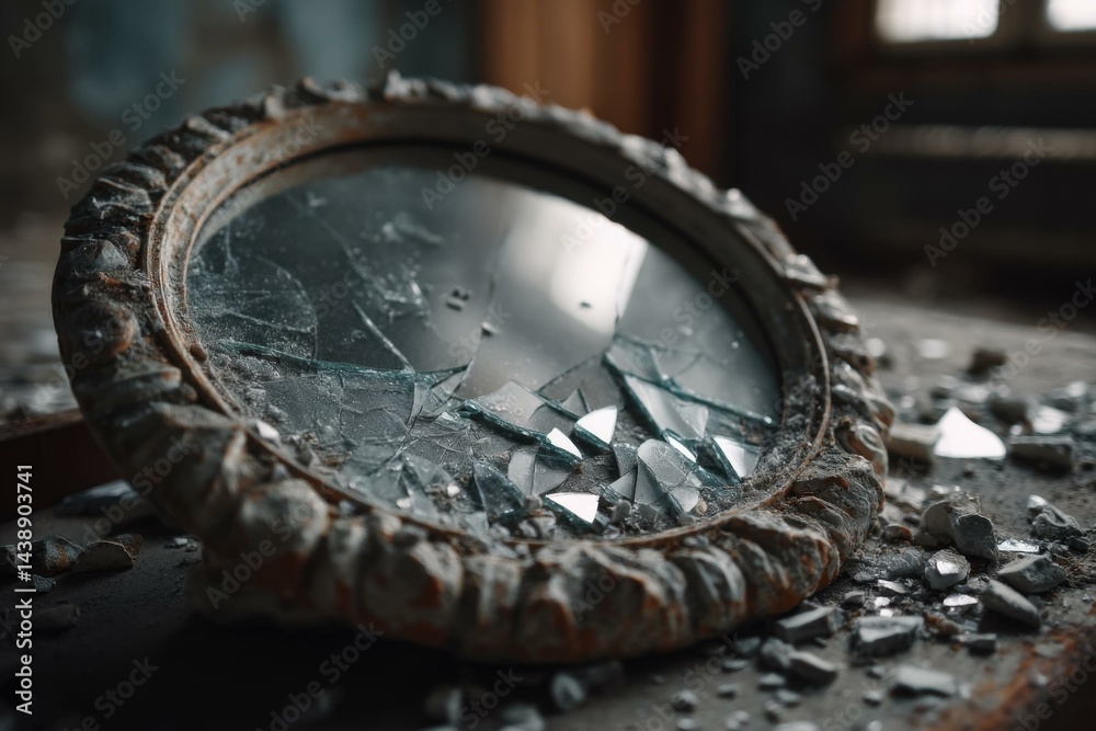 Obraz premium Broken Round Mirror with Ornate Frame and Shattered Glass on Dirty Surface in Abandoned Building, Displaying Decay