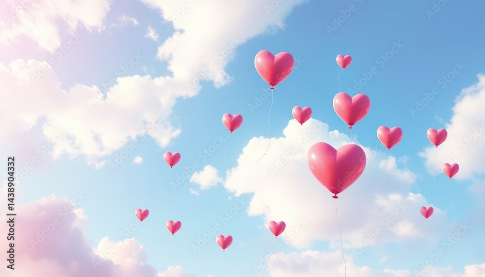 Pink Heart Balloons Floating in a Blue Sky with Fluffy Clouds a Perfect Image for Valentine's Day or Romantic Occasions Pink Heart Balloons Floating in a Blue Sky with Fluffy Clouds a Perfect Image for Valentine's Day or Romantic Occasions