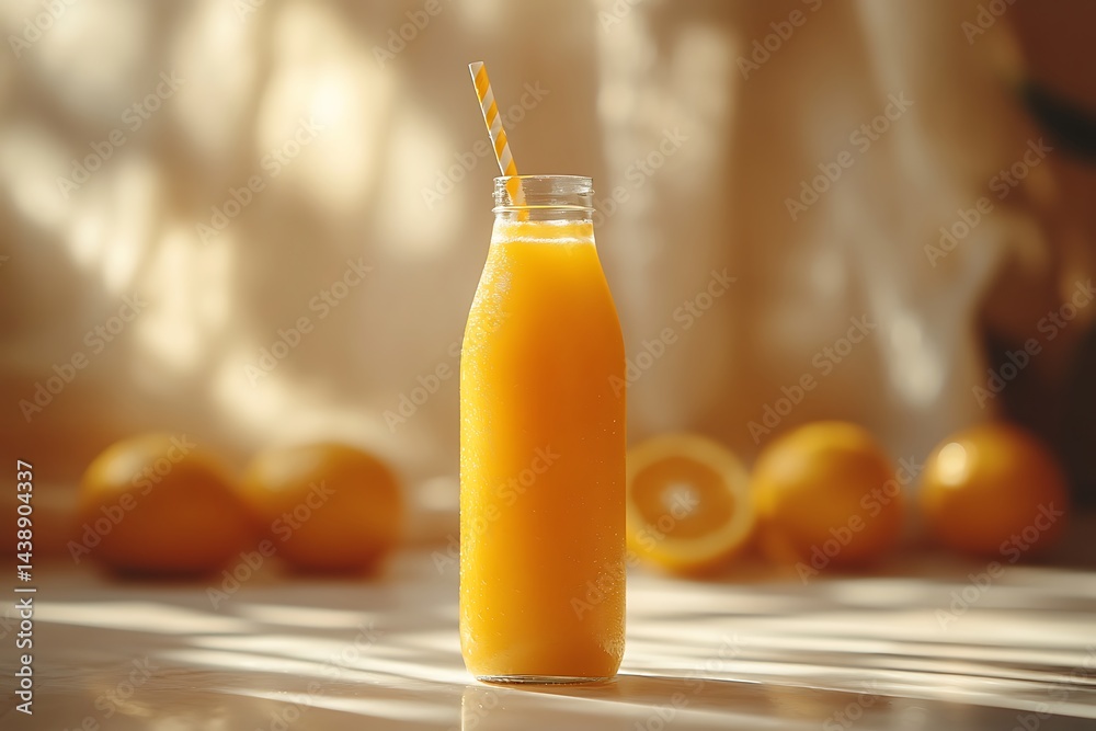 Fototapeta premium Fresh orange juice bottle with straw and oranges in a sunny setting