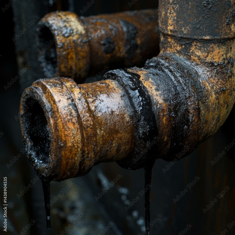 Close-up of dirty, greasy metal pipe fittings with black oil dripping; industrial plumbing maintenance or hazardous spill Close-up of dirty, greasy metal pipe fittings with black oil dripping; industrial plumbing maintenance or hazardous spill