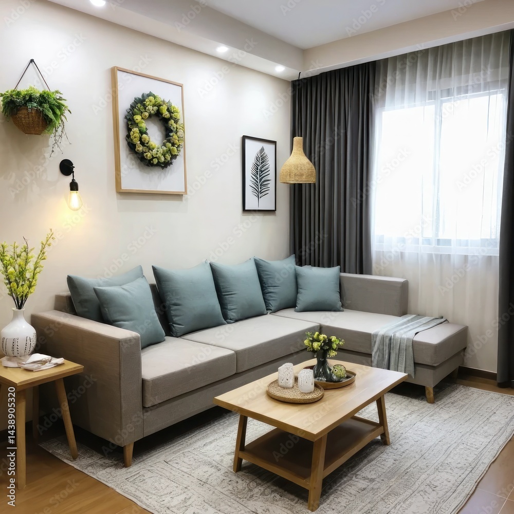 Fototapeta premium A minimalist living room with a gray linen sofa, solid wood table, and neutral woven rug.