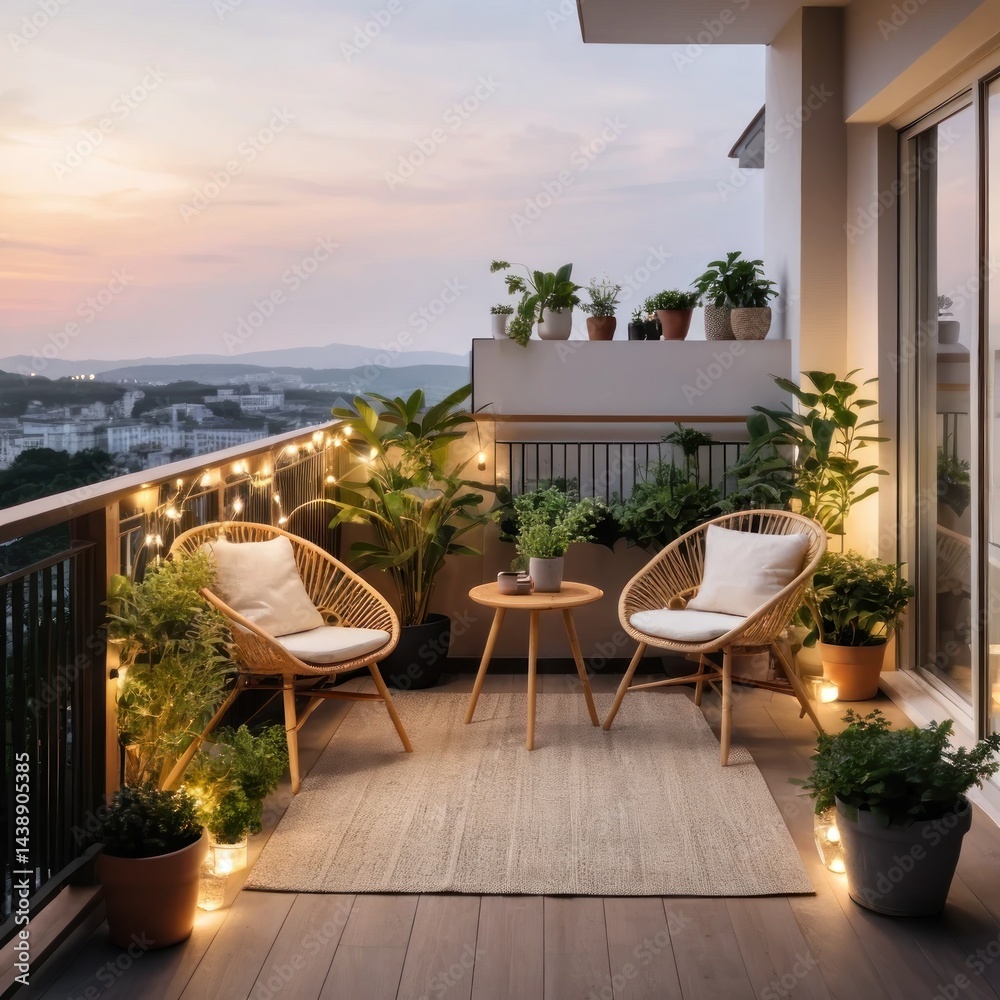 Fototapeta premium Minimalist balcony with rattan chairs and a small table made of solid wood