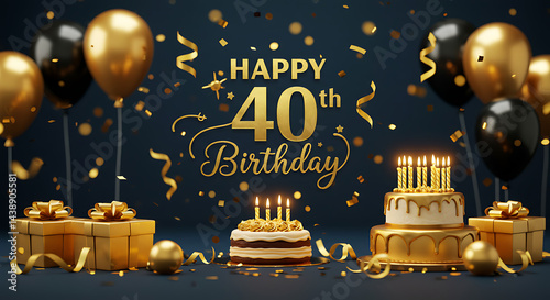 Elegant 40th birthday celebration with golden decorations and birthday cakes