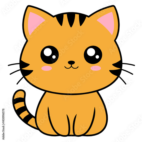 Cute cartoon ginger kitten with big eyes sitting happily with pink cheeks and black stripes for children illustration concept.
