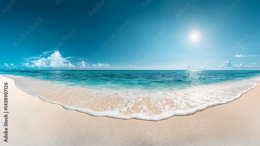 Fototapeta premium Panoramic view of a pristine beach, clear turquoise water, blue sky, and bright sun