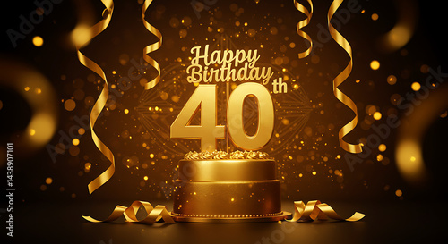 Golden 40th Birthday Celebration Cake with Ribbons and Bokeh Lights