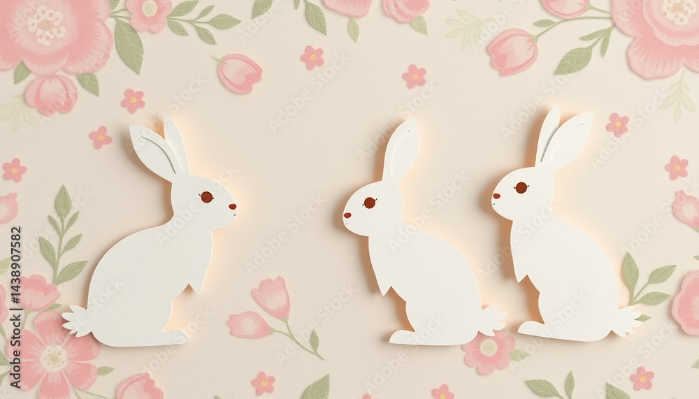 Obraz premium Three Adorable White Rabbits Sitting Amidst Delicate Pink Flowers Perfect for Spring or Easter Designs